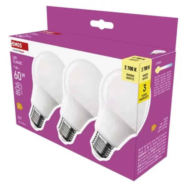 EMOS LED CLS A60 7W (60W) 806lm E27 WW 3PC ZQ5E41.3