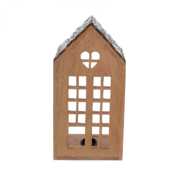 Svícen dřevo/kov MANGO domek v. 28,5 cm