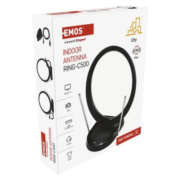 EMOS Anténa pokojová CITY RING–C500, DVB-T2, DAB, filtr LTE/4G/5G