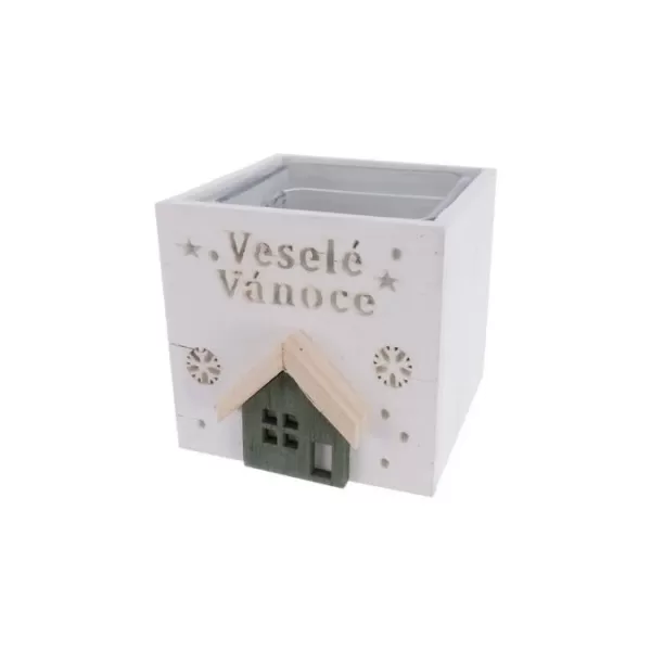 Svícen dřevo Veselé Vánoce bílý 9x9x9 cm