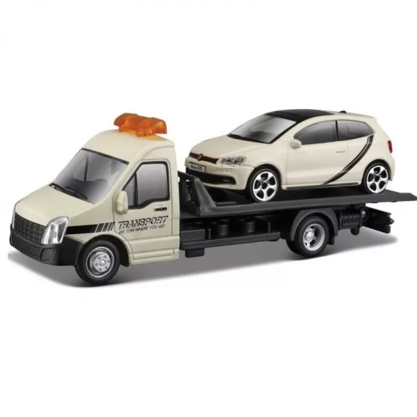 Bburago – STREET FIRE, Přepravní vozidlo Flatbed Transport + VW Polo GTI Mark 5, 1:43
