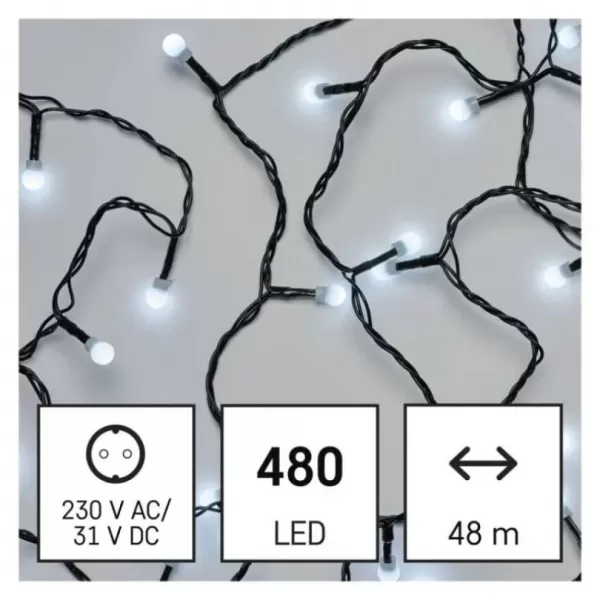 LED vánoční cherry řetěz – kuličky, 48m, venkovní i vnitřní, studená bílá, programy, časovač D5AC25
