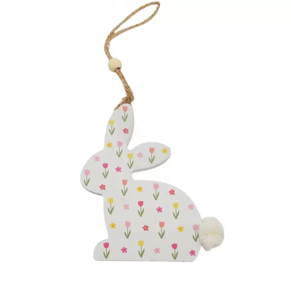 Dekorace - Závěs dřevo králík s květinami 13cm