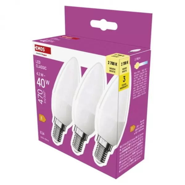 EMOS LED CLS CANDLE 4,2W 40W 470lm E14 WW ZQ3E21.3 3ks/bal