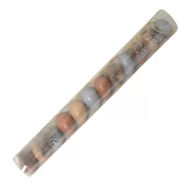 Dekorace - Vejce plast tuba 4cm/12ks bal. přírodní + pírko
