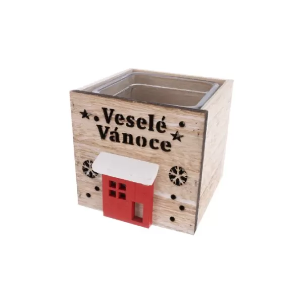 Svícen dřevo Veselé Vánoce béžový 9x9x9 cm