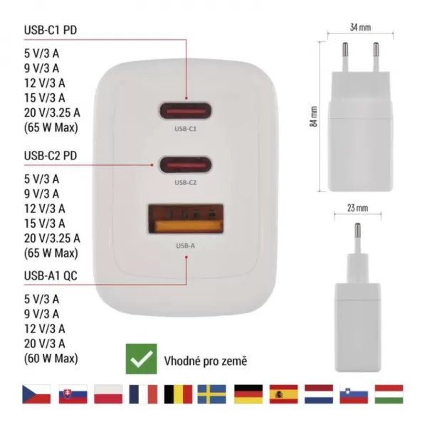 EMOS USB ADAPTÉR BASIC SÍŤ GAN PD 65W,A2C V05G65
