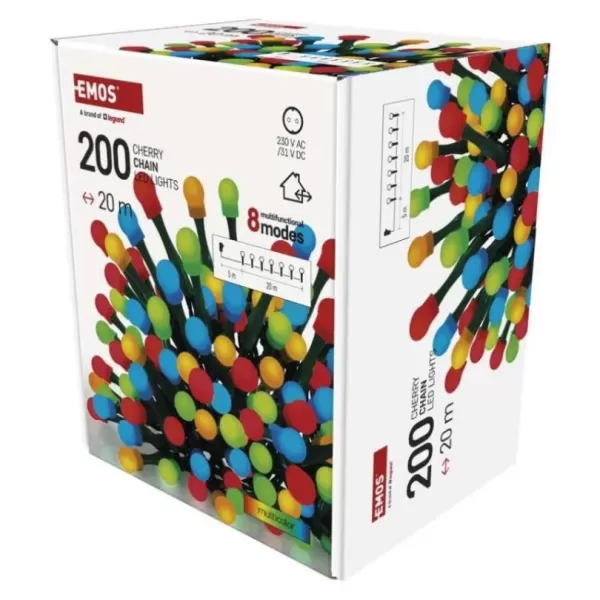 EMOS LED vánoční cherry řetěz D5AM2– kuličky, 20m, venkovní i vnitřní, multicolor, programy, časovač
