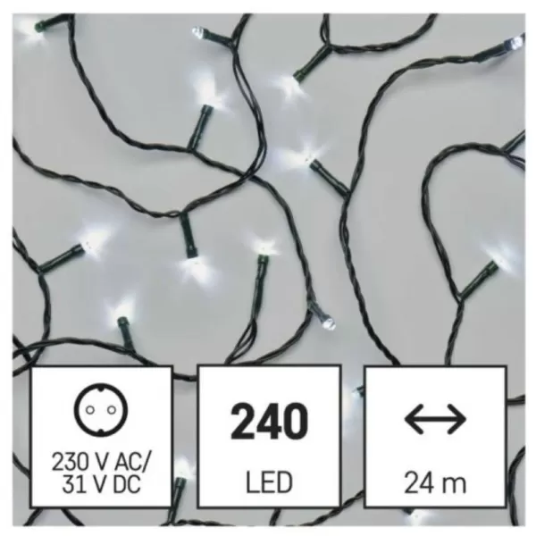 LED vánoční řetěz, 24m, venkovní i vnitřní, studená bílá, programy, časovač D4AC25
