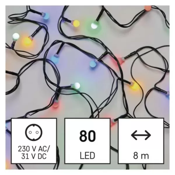 LED vánoční cherry řetěz – kuličky, 8m, venkovní i vnitřní, multicolor, programy, časovač D5AM22