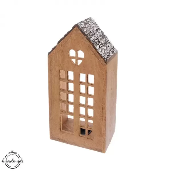 Svícen dřevo/kov MANGO domek v. 28,5 cm