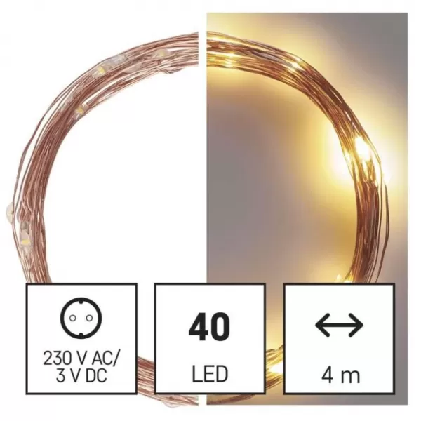 LED vánoční nano řetěz měděný, 4m, venkovní i vnitřní, teplá bílá, časovač D3AW01