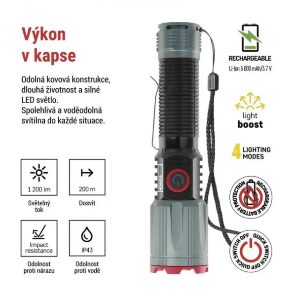 EMOS LED nabíjecí kovová svítilna 1200 lm, 2200 mAh P3121