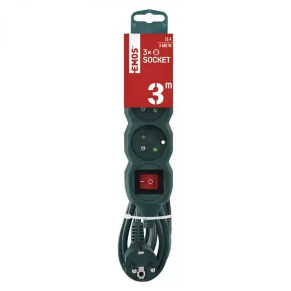 EMOS Prodlužovací kabel 3m/3 zásuvky/s vypínačem/zelený/PVC/1,5mm2