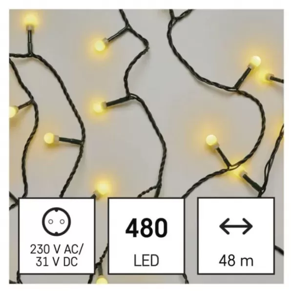LED vánoční cherry řetěz – kuličky, 48m, venkovní i vnitřní, teplá bílá, programy, časovač D5AW25