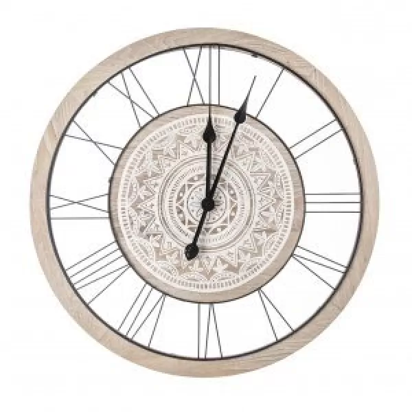 Hodiny nástěnné dřevo/kov mandala béžové pr. 60 cm