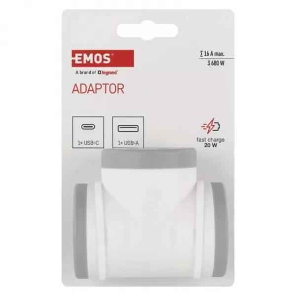 EMOS Rozbočovací zásuvka 2×, 1×USB-A+1×USB-C, bílo-šedá