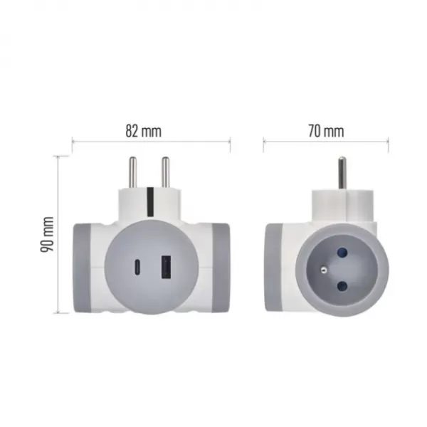 EMOS Rozbočovací zásuvka 2×, 1×USB-A+1×USB-C, bílo-šedá