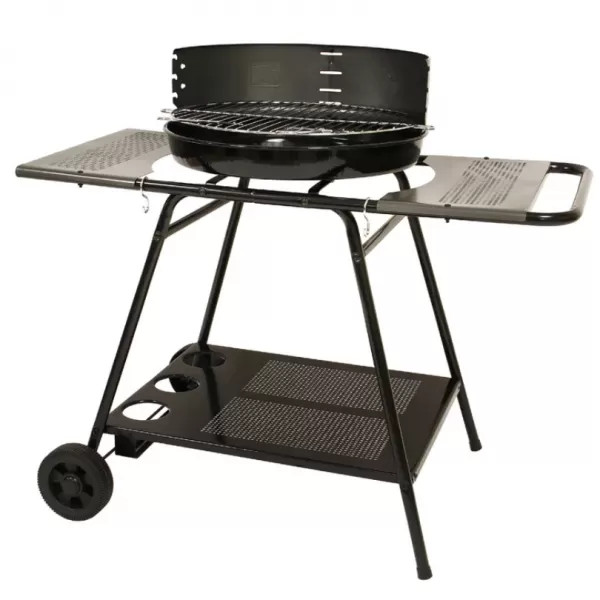 Gril ATLAS plechový na dřevěné uhlí pr. 50cm, výška 77cm, 2 kolečka, odkl. plocha