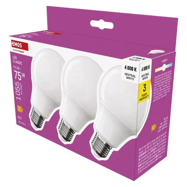 EMOS LED žárovka Classic A60 / E27 / 9,5 W (75 W) / 1055 lm / neutrální bílá ZQ5E53.3 3ks/bal