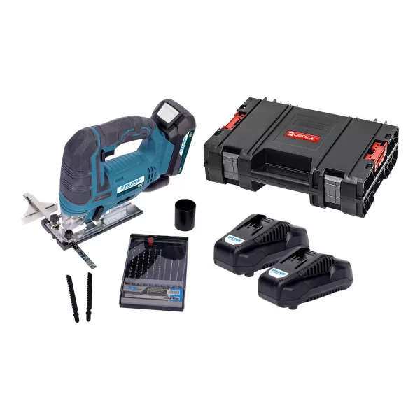 XT Aku přímočará pila 18V+2 baterie 2.0Ah+nabíječka 2.4A+pilové plátky+box