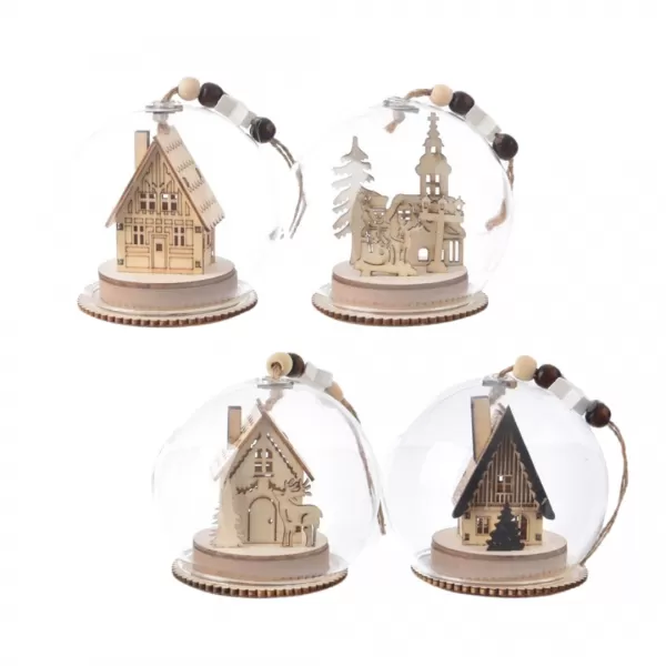 Koule sklo/dřevo dekorace vánoční pr. 9 cm 4ASS