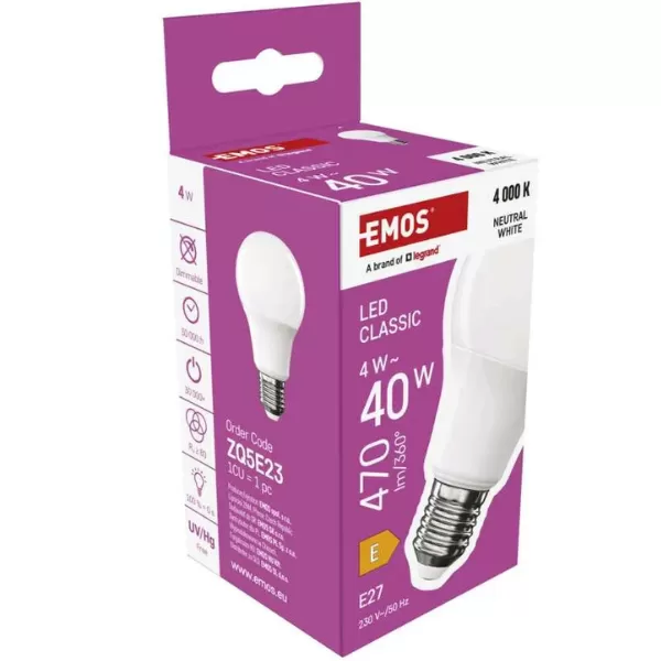 EMOS LED žárovka Classic A60 / E27 / 4 W (40 W) / 470 lm / neutrální bílá