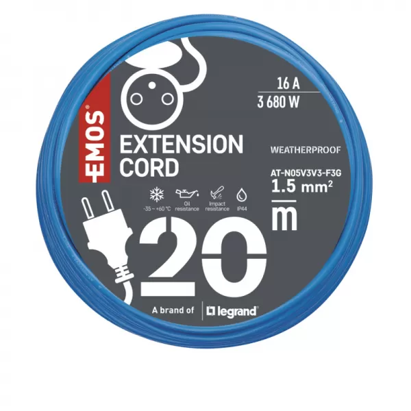 EMOS Počasí odolný prodlužovací kabel 20m/1 zásuvka/černý/silikon/230V/1,5mm2 (P01420W)