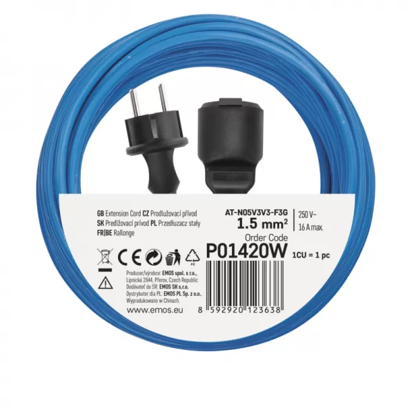 EMOS Počasí odolný prodlužovací kabel 20m/1 zásuvka/černý/silikon/230V/1,5mm2 (P01420W)
