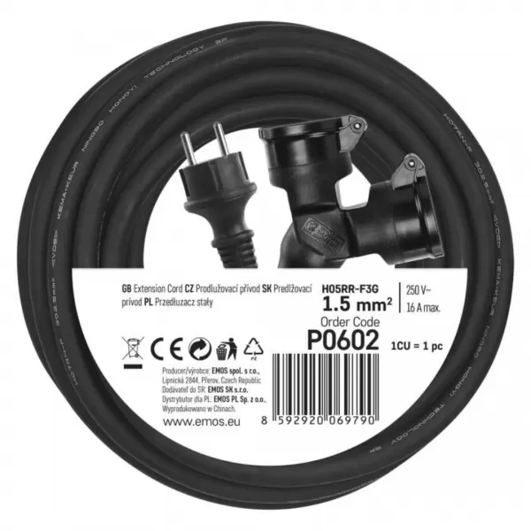 EMOS Prodlužka 2Z 15M 3x1,5 GUMA IP44 P0602