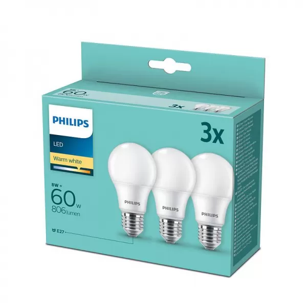 PHILIPS LED žárovka 60W A60 E27 WW FR ND 3PF/6 DISC (3ks bal.)