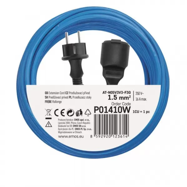 EMOS Počasí odolný prodlužovací kabel 10m/1 zásuvka/modrý/silikon/230V/1,5mm2 (P01410W)