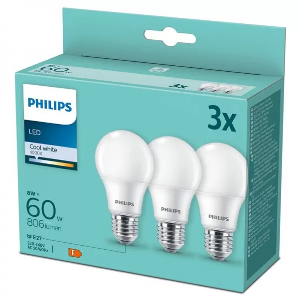 PHILIPS LED žárovka 60W A60 E27 CW FR ND 3PF/6 DISC (3ks bal.)