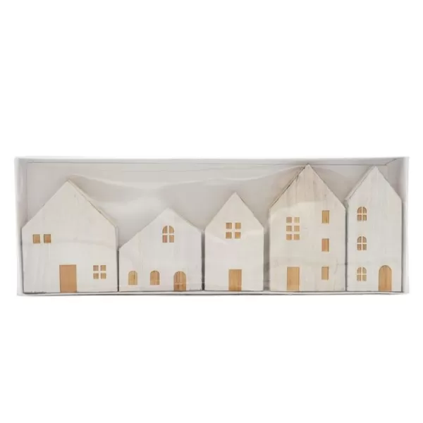 Dekorace - Vesnička dřevo 5 domů 33x12cm bílá