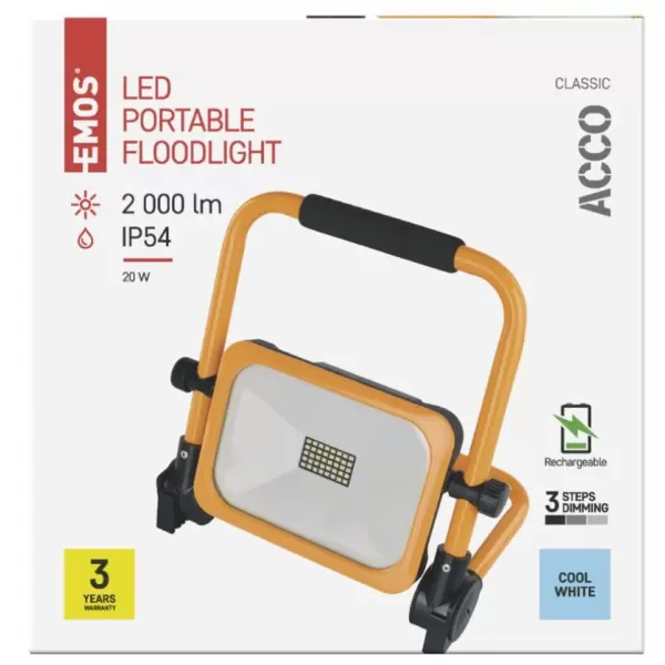 EMOS LED reflektor ACCO nabíjecí, přenosný, 20 W, žlutý, studená bílá (ZS2822)