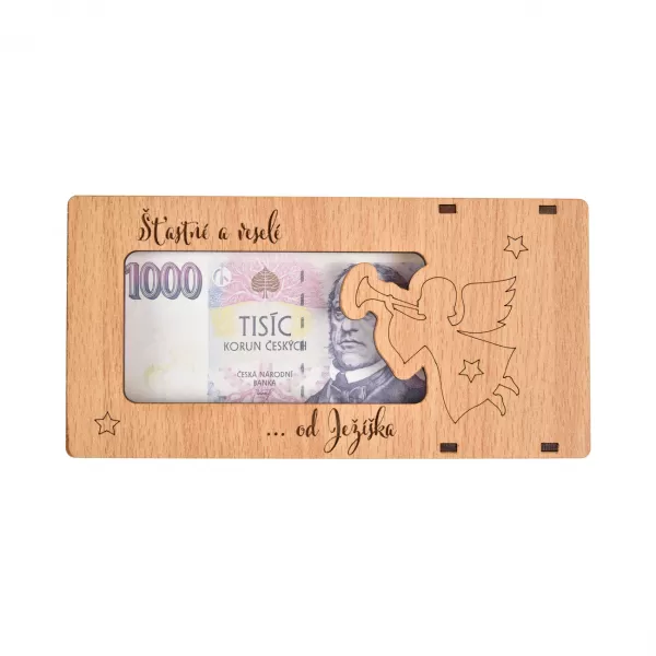 Krabička dárková dřevo na peníze Šťastné a veselé 20x10x1 cm