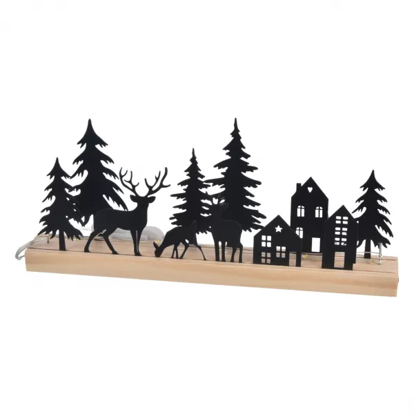 Dekorace kov/dřevo krajina LED černá 25x3x10 cm