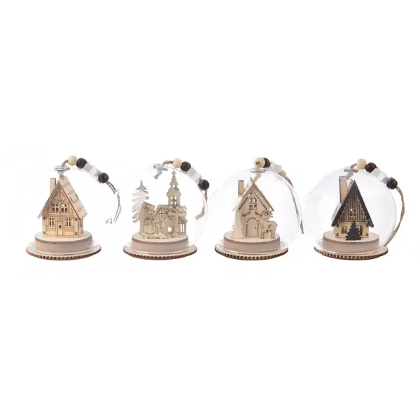 Koule sklo/dřevo dekorace vánoční pr. 9 cm 4ASS