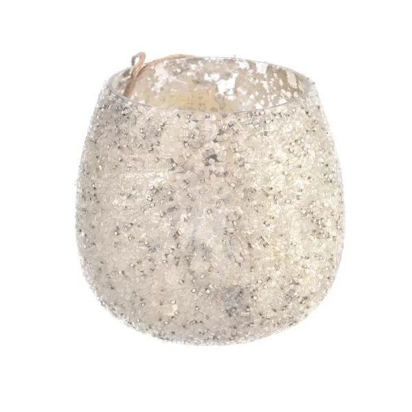 Svícen sklo korálky stříbrný 7x7x8 cm