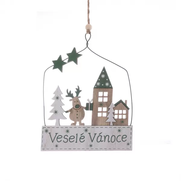 Cedule dřevo/kov Veselé Vánoce závěsná 14x1x25 cm