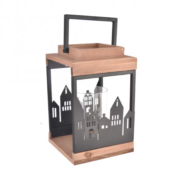 Lucerna dřevo/kov domeček hnědá/černá 14x14x22 cm