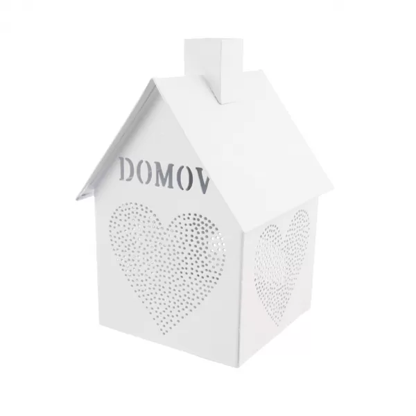 Domeček kov srdce Domov na svíčku bílý 12x12x17 cm